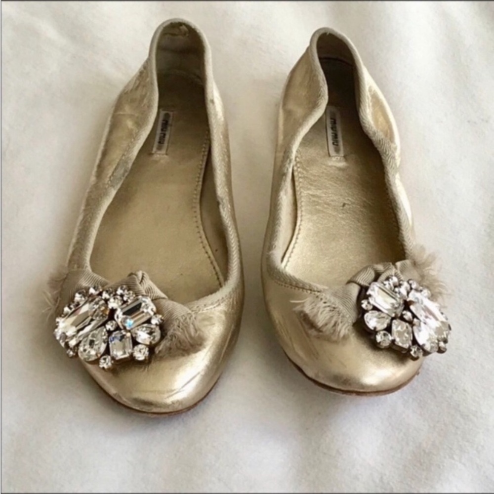 Miu Miu Sahara Gold Crystal Embellishments ballet flats Shoes SZ 5.5 - Picture 2 of 7